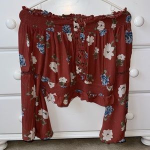 American Eagle burnt orange floral off-the-shoulder long-sleeve-flare shirt XS